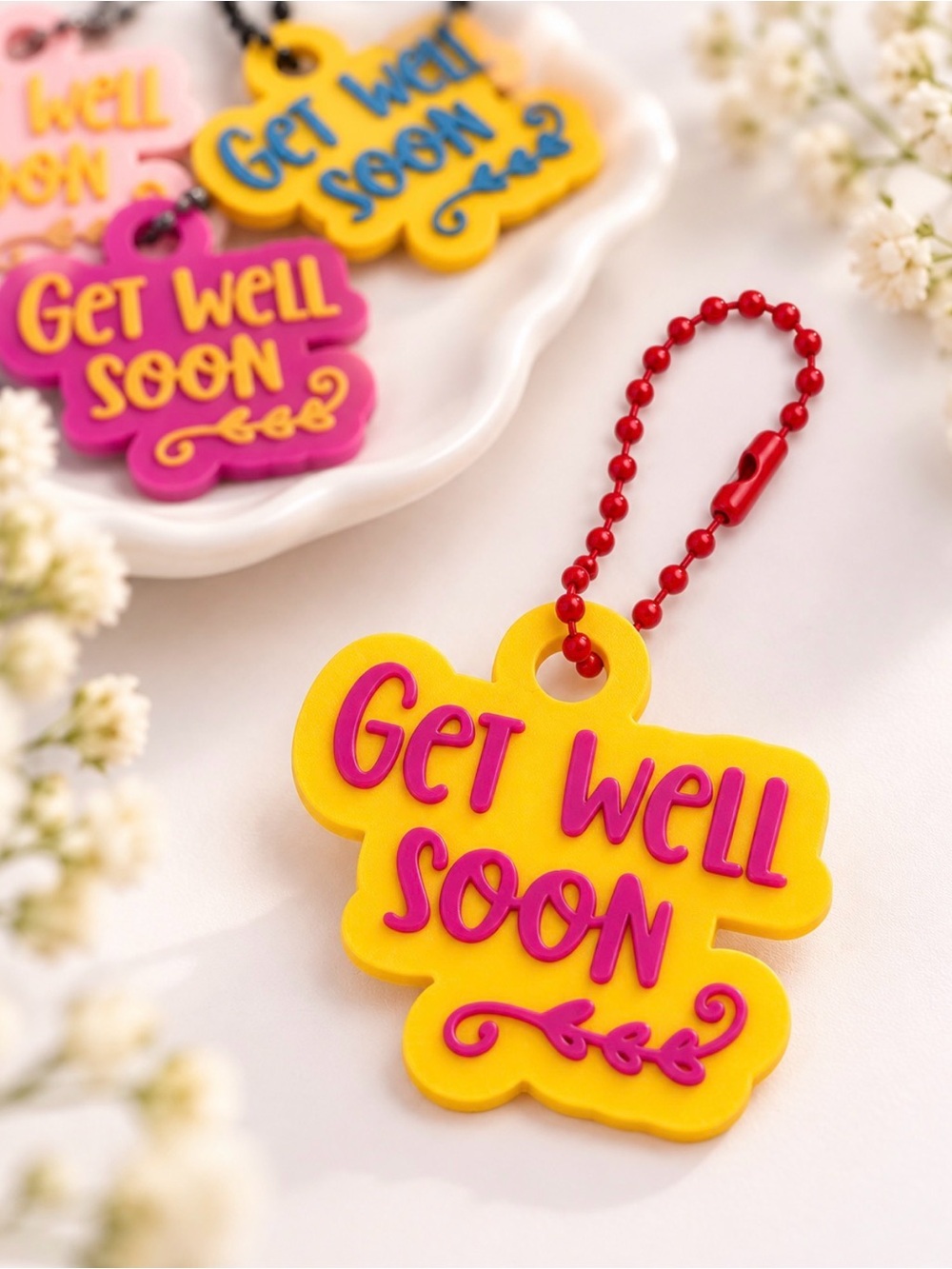 Get Well Soon Yellow & Pink Keychain Charm - Unbranded